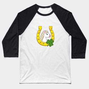 Cute White Horse with Golden Horse Shoe and Shamrock Baseball T-Shirt